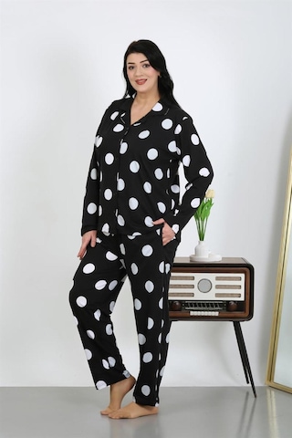 Celira Kadın Büyük Beden Pamuklu Cepli Düğmeli Siyah Pijama Takım 202504 Siyah