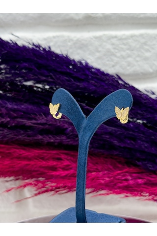 925 Ayar Gümüş Gold Renk Kelebek Tasarımlı Zarif Kız Çocuk Küpesi Gümüş