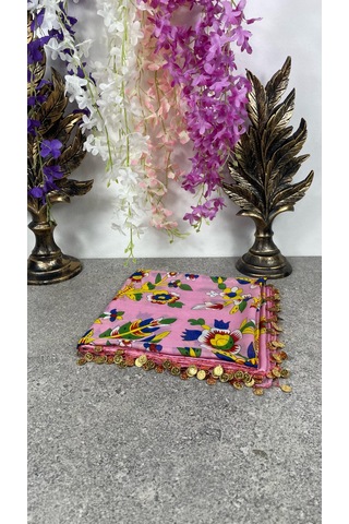 Çengelköy Desenli Pullu Yazma 100x100 Cm Etnik Çiçekli Başörtüsü Çeyizlik Ve Günlük Açık Pembe