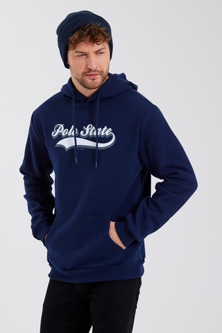 Erkek 3 İplik Pamuklu İçi Polarlı Baskılı Regular Fit Kapüşonlu Kanguru Cepli Lacivert Sweatshirt Lacivert