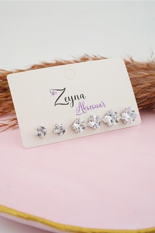 Kadın 3 Boy 6'lı Kare Zirkon Taşlı Küpe Set - Gümüş