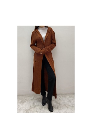 Onno Style Women Selanik Kapşonlu Uzun Hırka Kiremit