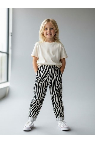 Zekids Kız Çocuk Desenli Keten Pantolon-16752 Çok Renkli