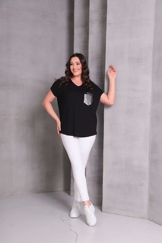 Cep Taş Baskılı Bluz Siyah