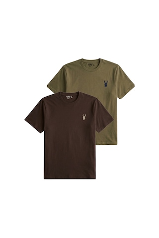 Genius Store Erkek Siyah Tişört %100 Pamuk Süprem Basic Tişört Bisiklet Yaka Nakışlı T-shirt Erkek-2li Kahverengi-haki