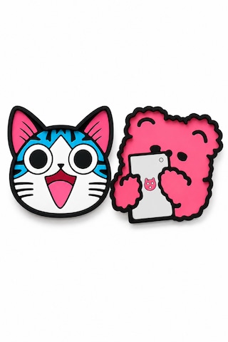 Kemboss Happy Kedi Ve Pembe Ayıcık Bardak Altlığı Seti 4'lü - Pvc Kaydırmaz Bardak Altlığı 2 Happy Kedi + 2 Pembe Ayıcık Çok Renkli