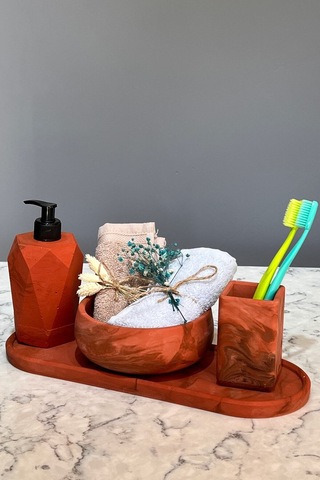 4'lü Terracotta Serisi Mermer Desenli Beton Banyo Seti Tuvalet Wc Sıvı Sabunluk Diş Fırçalığı Takım Kahverengi