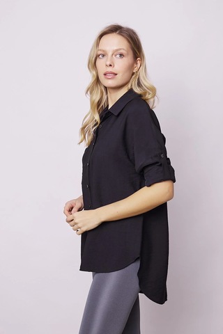 Kadın Keten Görünümlü Kolu Katlanabilir Rahat Kesim Uzun Tunik Gömlek-siyah Siyah