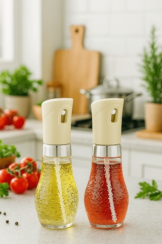 2'li Set Cam Sprey Yağdanlık - Airfryer, Izgara, Fritöz, Salata, Yemek Püskürtmeli Yağdanlık - 3066 Bej