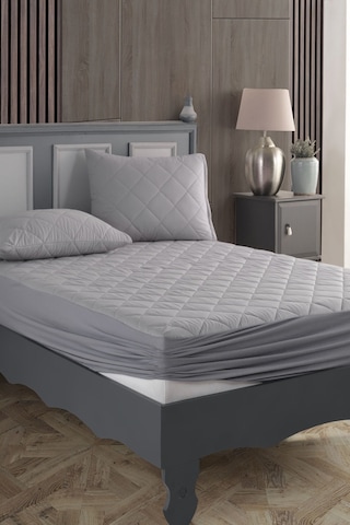 %100 Pamuk Kapitoneli Sıvı Geçirmez Renkli Yatak Alezi Yatak Koruyucu Alez Çarşaf Gri