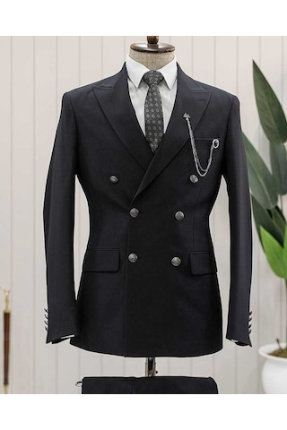 Standart Bys Beystil Sivri Yaka Siyah Kruvaze Takım Elbise - Slim Fit