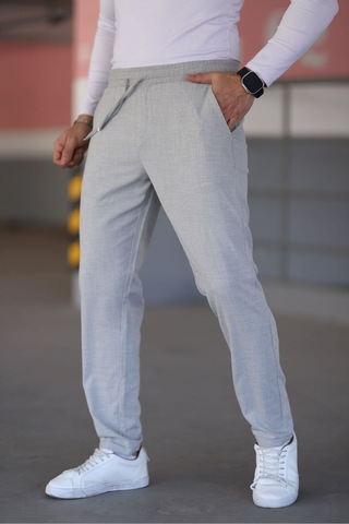 Bürke Erkek Gri Renk Beli Lastikli Bağcıklı Esnek Fitted Jogger Pantolon Kumaş Pantolon