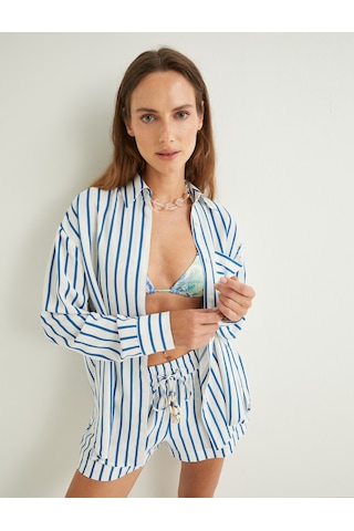 Koton Koton X Şahika Ercümen - Keten Karışımlı Oversize Gömlek Uzun Kollu Cep Detaylı Mavi Çizgili 4sak60132ew Mavi Çizgili