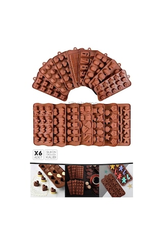 Tilbe Home 6'lı Silikon Dubai Çikolata Kalıbı Çok Figürlü Mini Jelibon Şekilli Buzluk Dondurma Kalıp Kahverengi