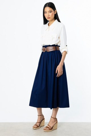 Ekol Yüksek Bel Kemerli Karışım Kumaş Etek-5654 Lacivert