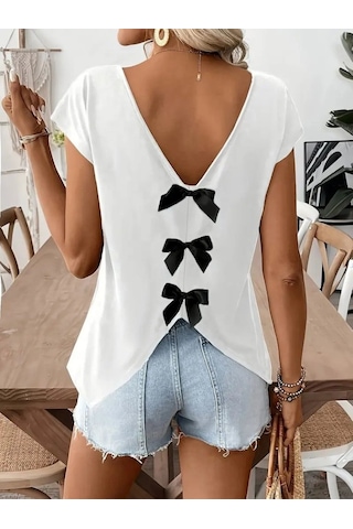 Kadın Kısa Kollu V Yakalı Arkadan Kurdele Detaylı Viskon Bluz Beyaz