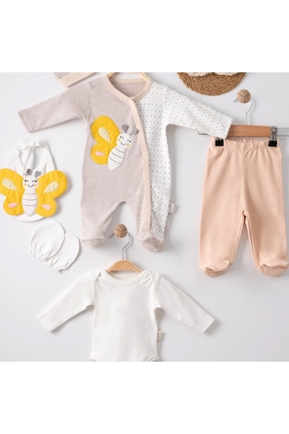 Candar 3 Ay Kelebek Nakışlı Tulum Erkek Bebek 5'li Set Kahverengi