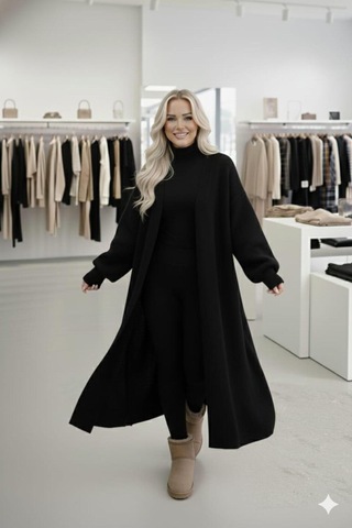 Hira Life Fashion Kadın Şal Yaka Uzun Triko Ve Sakallı Tüylü Hırka Siyah Siyah