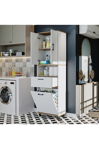 Çamaşır Sepetli Banyo Dolabı, Çok Amaçlı Dolap 60 X 200, Roomart Atlantik Çam - Beyaz