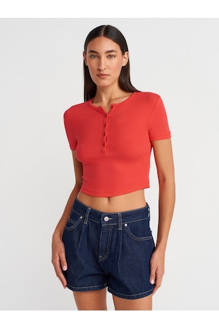 Dilvin 31647 Düğme Detaylı Crop Top-kırmızı Kirmizi