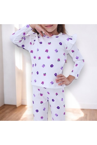 Yeni Sezon Kız Çocuk Fitilli Alt Üst Ekru Üzeri Mor Çiçek Desenli Pijama Takımı Uzun Beyaz - Siyah