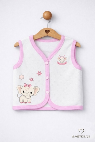 Babyden's Kız Bebek Yelek Jakarlı Kalp Desenli Pamuklu Çıtçıtlı Fil Baskılı Bebek Yeleği Mevsimlik,yumuşak Ekru