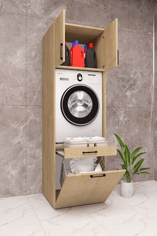 Mdf Çamaşır Makinesi Dolabı Sepetli Ahşap Lefkas Meşe