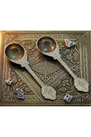 Ludıa Osmanlı Temalı Otantik 2'li Set Gümüş Renk Dekoratif Metal Kaşık 10.5 Cm Gri