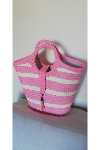 Durush Collection El İşçiliği Tek Üretim Plaj Çantası Pembe-beyaz