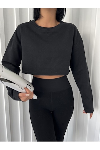 Siyah Crop Bisiklet Yaka Sweatshirt Siyah
