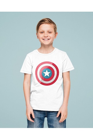 Sevbano Unisex Kaptan Amerika Kalkan Baskılı Film Çocuk Tişört 1-12 Yaş Beyaz