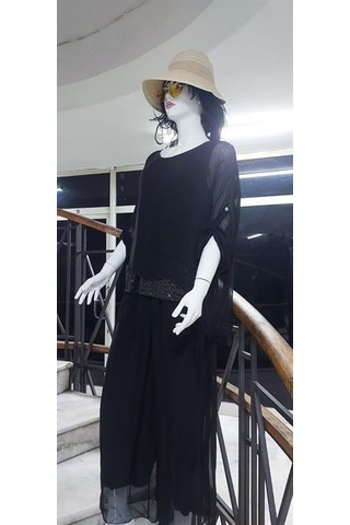 Eren Style İtalyan Payetli İpek Bluz Pantolon Takım-9608 Siyah