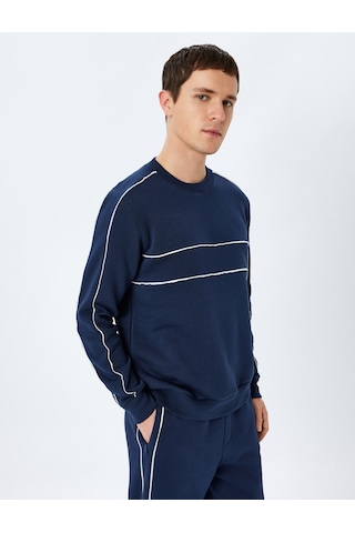 Koton Pamuk Karışımlı Uzun Kollu Biyeli Bisiklet Yaka Sweatshirt Lacivert 5wam70258mk Lacivert