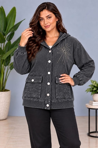 Cedy Denim Cedy -özel Tasarım Kadın Taş Ve Nakış İşleme Detaylı Düğmeli Kapüşonlu Sweat Hırka C7150 Antrasit