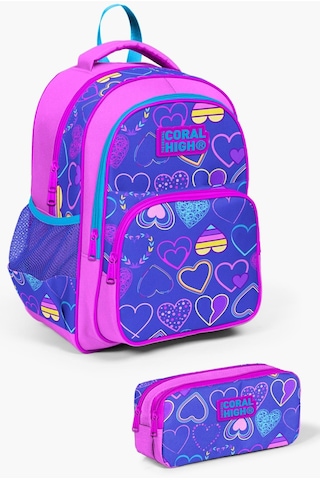 Coral High Kids Açık Pembe Lavanta Kalp Desenli 2'liokul Çanta Seti Set0223401