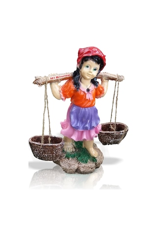 M3 Gerçek Gibi Saksılı Sepetli Yoğurtçu Testili Kız 55 Cm Ev Heykeli Kırmızı