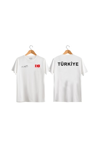 Türkiye Yazılı Atatürk İmzalı Türk Bayrağı Baskılı Tişört Ayyıldızlı T-shirt Beyaz
