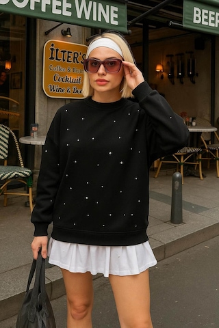 Fashion Friends Bisiklet Yaka Taşlı Siyah Kadın Sweatshirt 25k0099k1 SiYAH