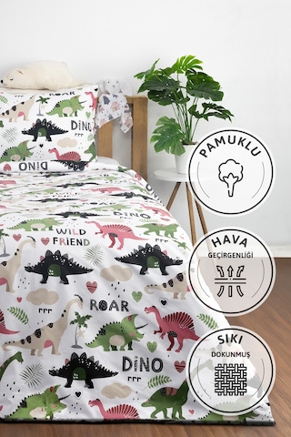 Dino %100 Pamuk Tek Kişilik Nevresim Seti - Yeşil Yeşil
