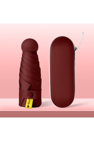 Mengtuo Bayan 8 Kemik Mini  Yağmur Ve İki Kullanım Vinil Cep Kapsül Şemsiye Şarap Kırmızı Şarap Kırmızı