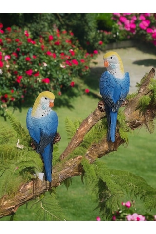 2 Adet Mavi El Boyaması Muhabbet Kuşu Duvar Balkon Bahçe Süsü