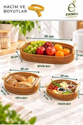 Evonıta Rattan Sunum Tepsisi Hasır Görünümlü Kulplu Servis Sepeti Kahvaltılık Ekmeklik Meyvelik Dekoratif Tepsi