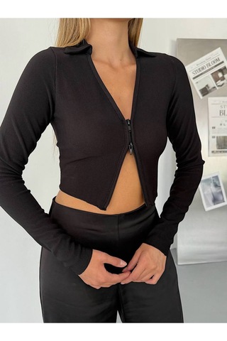 Kechi Woman Ottoman Kumaş Polo Yaka Fermuarlı Crop Siyah