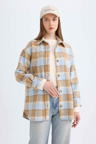 Defacto Relax Fit Gömlek Yaka Kareli Flanel Uzun Kollu Gömlek Tunik D4774AX24AUBE409 Mavi