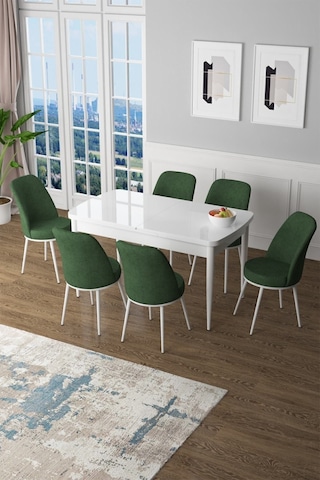 Canisa Concept Zen Serisi 80x132 Mdf Açılabilir Beyaz Masa Takımı Ve 6 Haki Yeşil Sandalye Yeşil Sandalyeler Beyaz Masa