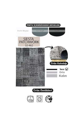 Çam Halı Siesta Patchwork 32-462 Etnik Eskitme Desenli Dokuma Tabanlı Yıkanabilir Şönil Salon Ve Oda Halısı Siyah