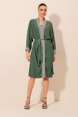 Bigdart 5865 Nakışlı Örme Uzun Kimono - Zümrüt Yeşili 001