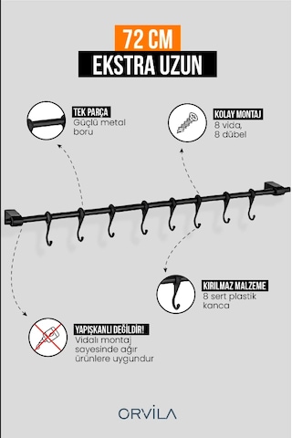 Siyah Metal Mutfak Ve Banyo Askısı Çok Amaçlı 8 Kancalı Askı Demiri Maxi 72 Cm
