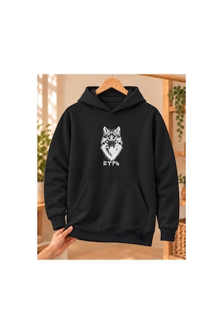 Mor Mürekkep Bozkurt Başı Ve Göktürk Yazısı Baskılı Kapüşonlu Sweatshirt - Siyah