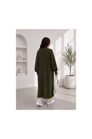 Hira Life Fashion Kadın Şal Yaka Uzun Triko Ve Sakallı Tüylü Hırka Haki Haki